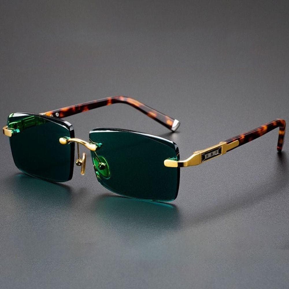 Retro Frameless Men Eyeglasses Green Crystal Cycling Goggles Leopard Print UV400 Sunglasses Outdoor Driving Eyewear 1PC
