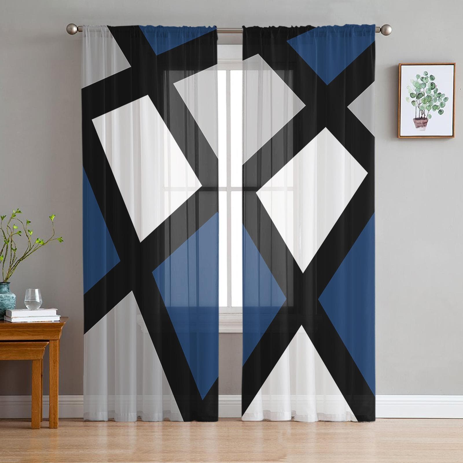 Navy Blue Black Grey Geometric Square Voile Sheer Curtains Living Room Window Tulle Curtain Kitchen Bedroom Drapes Home Decor 135W x 114H(cm)