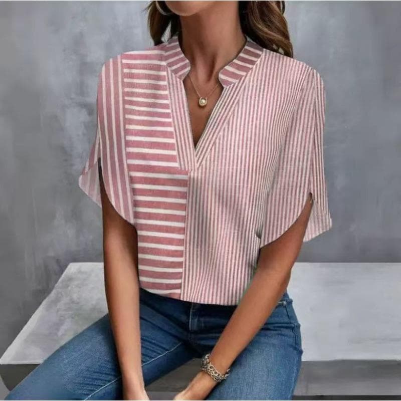 GMXIA Women's Fashion Casual Summer Solid Color Print Short Sleeve V-Neck Blouses & Shirts XL pink/white