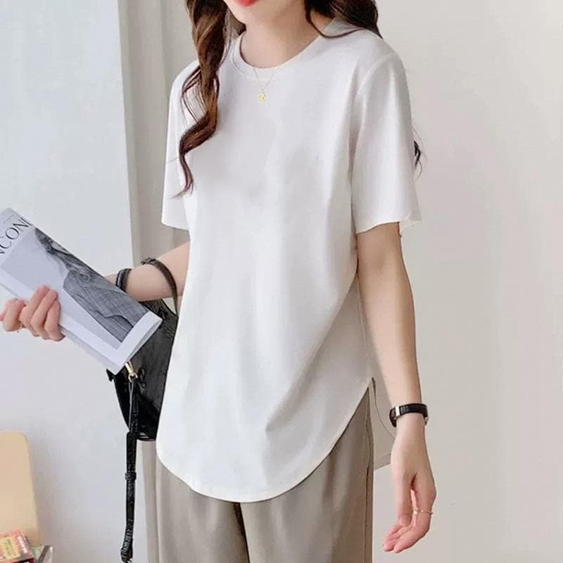 Black Short-sleeved T-shirt Women's Pure Cotton Summer New Curved Hem Medium and Long Butt-covering Top XXL