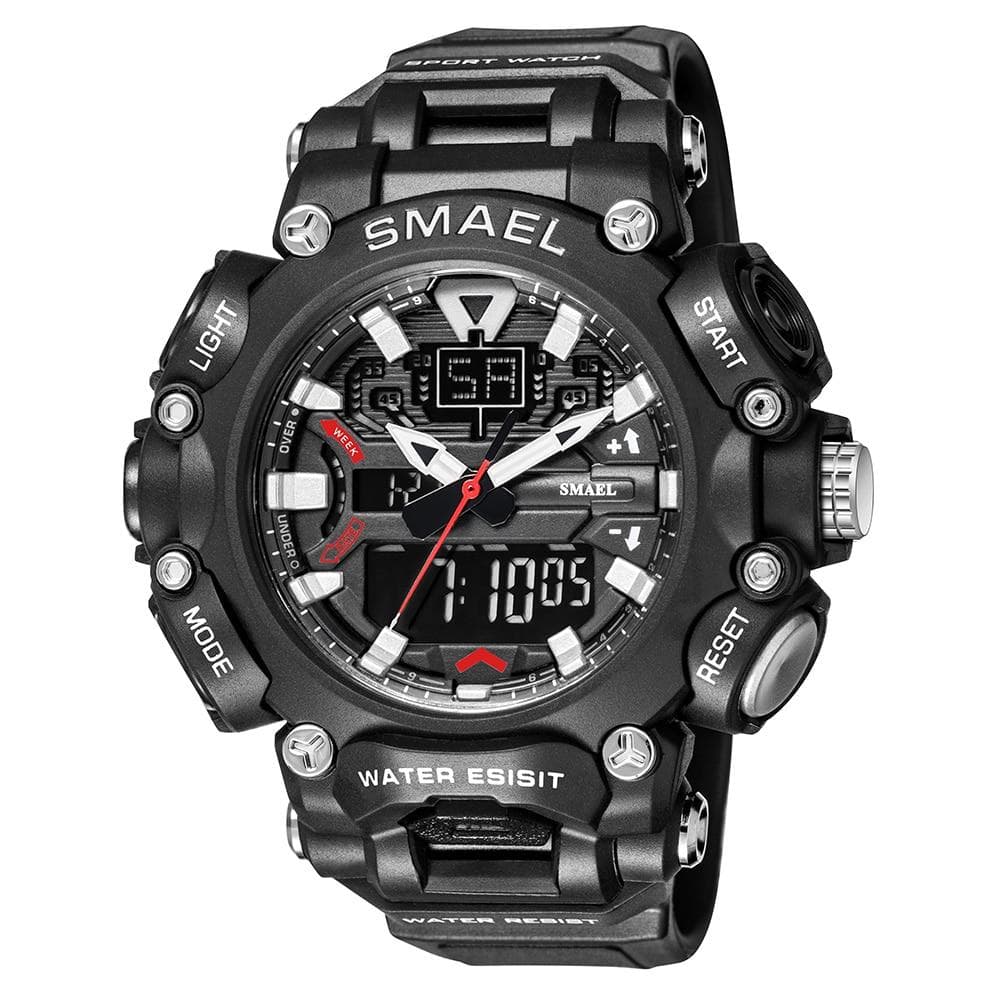 SMAEL Military Watch Sport Waterproof 50M Stopwatch Analog Digital Wristwatches Week Display Alarm Clock 8053 Digital Watches Mens With Package black/white