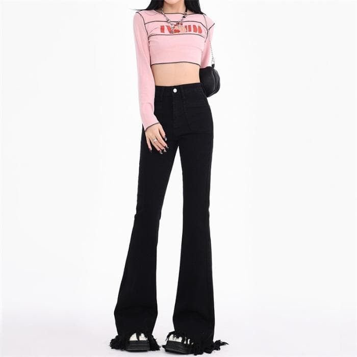 Retro Breasted High Waist Slim and Slightly Flared Jeans for Women's Spring New Style Floor-sleeved Horseshoe Pants 2XL