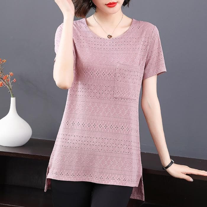 Short-sleeved T-shirt for Women's Summer New Hollow Body Shirt Large Size Medium-length Fat Mm Loose Slimming Top 5XL