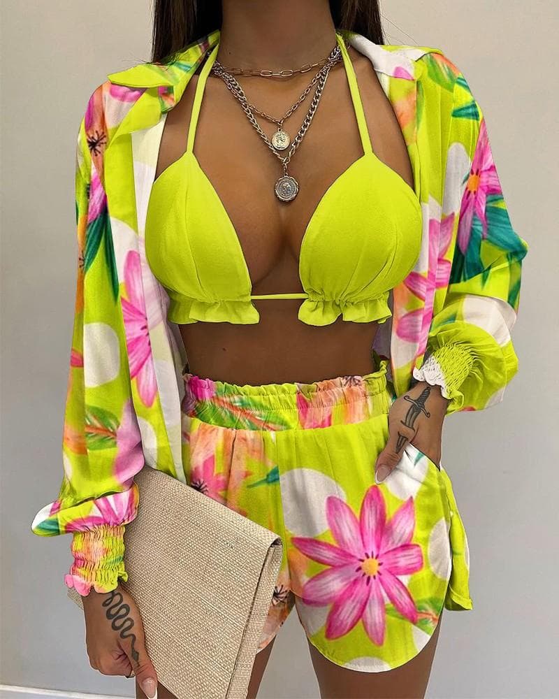 2025 Sexy Swimsuit Summer Fashion Solid Color Printing 3 Piece Suit Women M