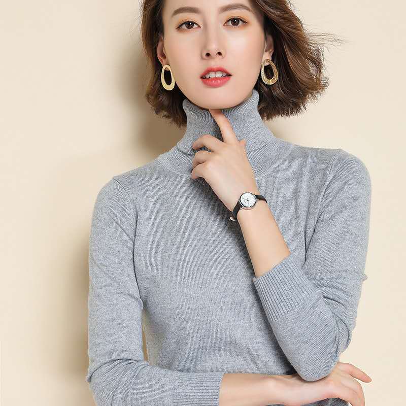 Wool Pure Cashmere Sweater Women's Knitted Turtleneck Cashmere Pullover Elasticity Pull High Neck Knitting Sweaters XXXL light grey