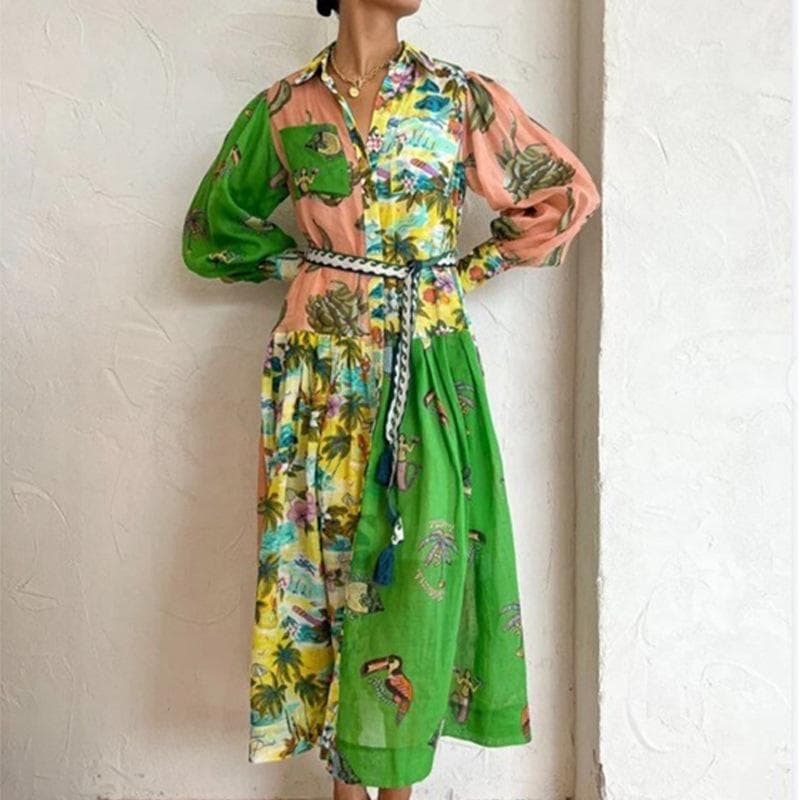 Women's Lantern Sleeve Printed Lapel Waist Long Sleeves Spring Dress for Women M