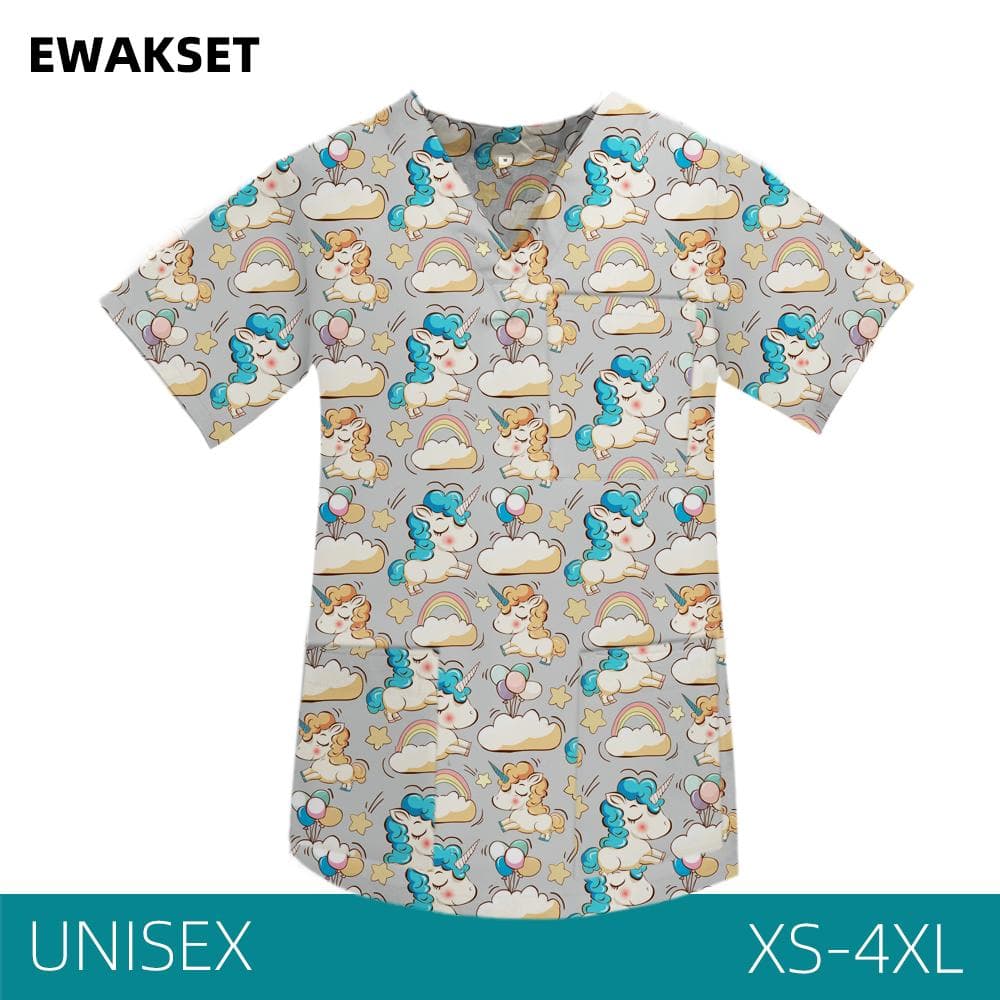Medical Scrub Tops Women Men 100%Cotton Nurse Doctor Working Uniforms Cartoon Printed 3XL