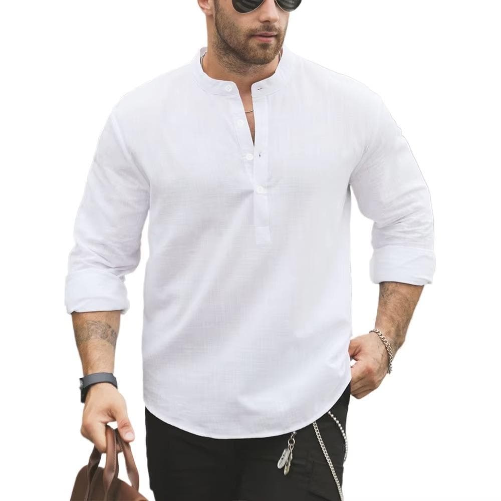 Premium White Cotton Linen Henley Shirts for Men Lightweight Long Sleeve Casual Streetwear Everyday Wear US XXXL 100-110KG white