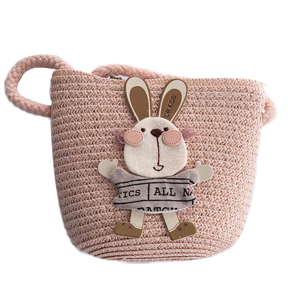 Kids Summer Cartoon Rabbit Straw Messenger Bags Mini Beach Bag Children Kid Croosbody Shoulder Bag pink