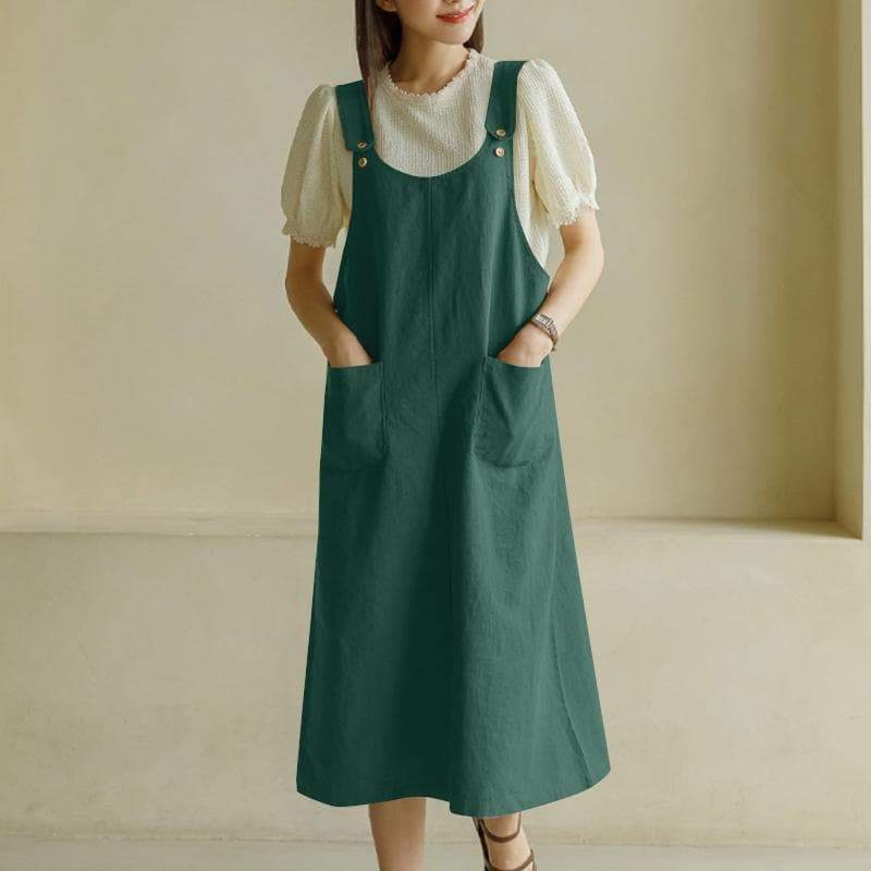 ZANZEA Women Casual U-Neck Sleeveless Pocket Loose A-Line Suspender Dress 2XL green