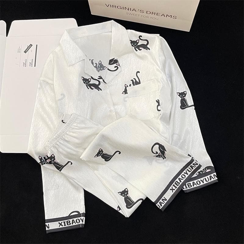 Pajamas Women's Satin Long-sleeved Pajamas Pajamas Suit Flower Printed High-grade Ice Silk Can Be Worn Outside Home Wear Pajamas XXL