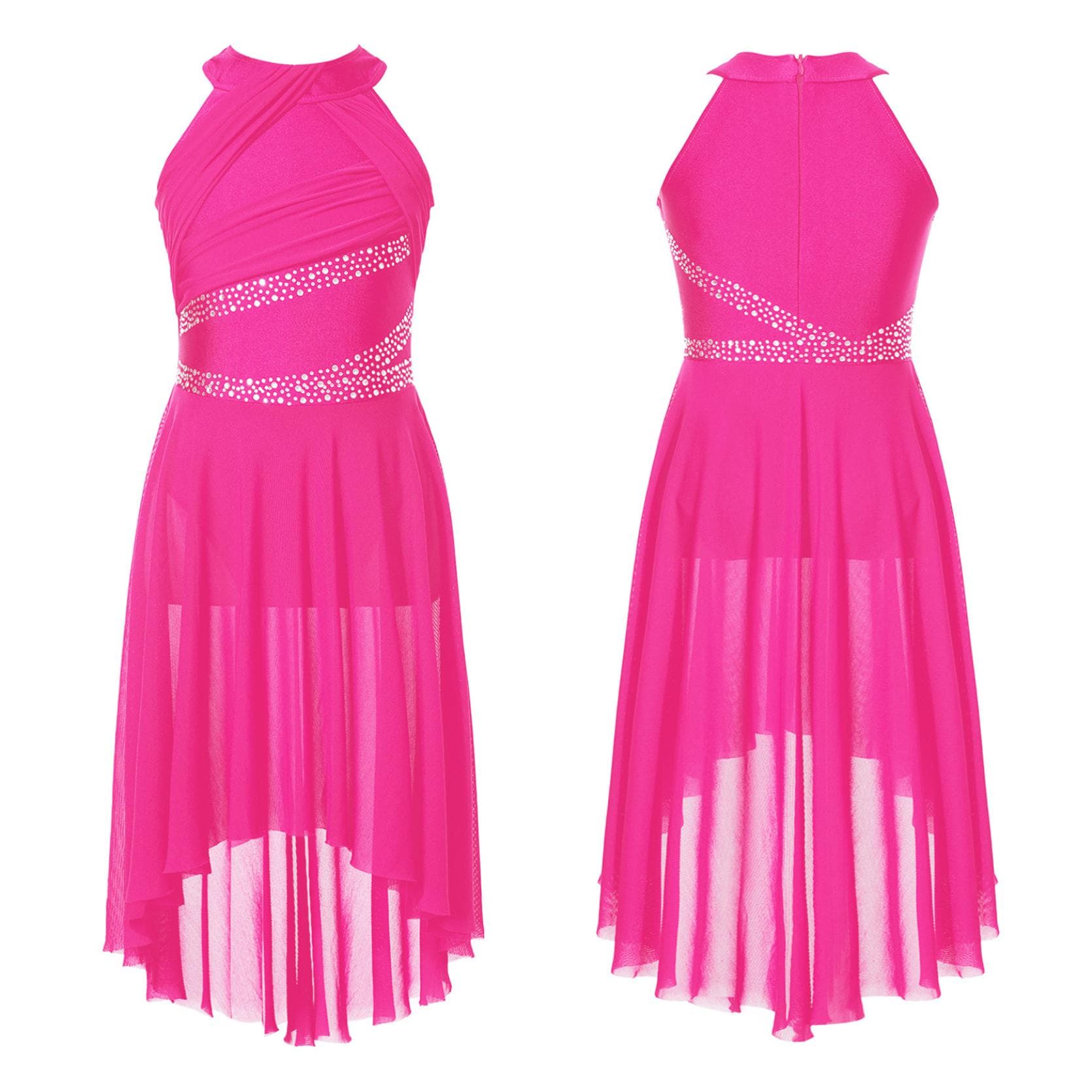 Kids Girls Sleeveless Shiny Rhinestone Lyrical Ballet Leotard Dress Contemporary Modern Latin Dance Costume 11-12 Years hot pink