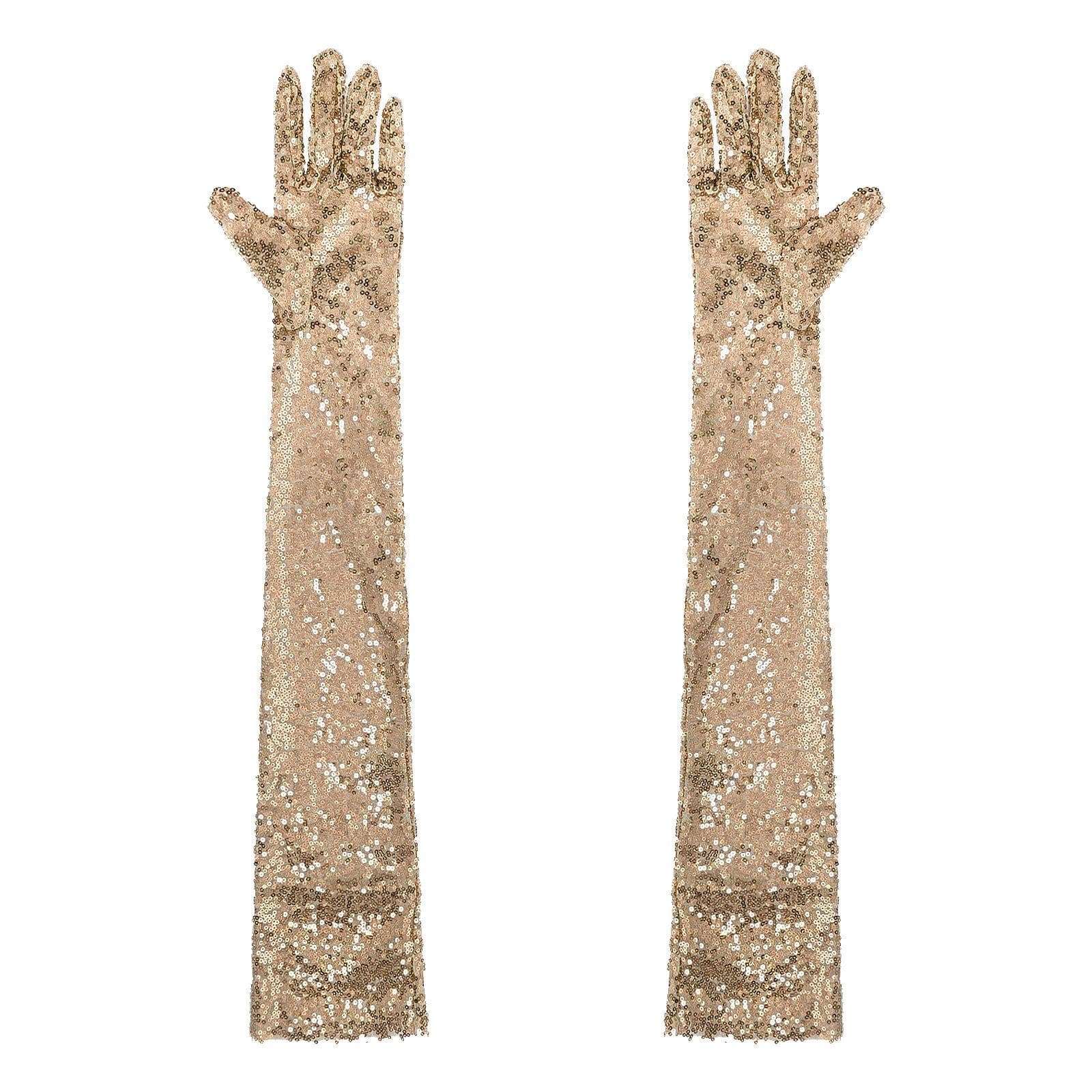 Womens Shiny Sequin Mesh Long Gloves Elbow Length Vintage Long Gloves for Opera Evening champagne