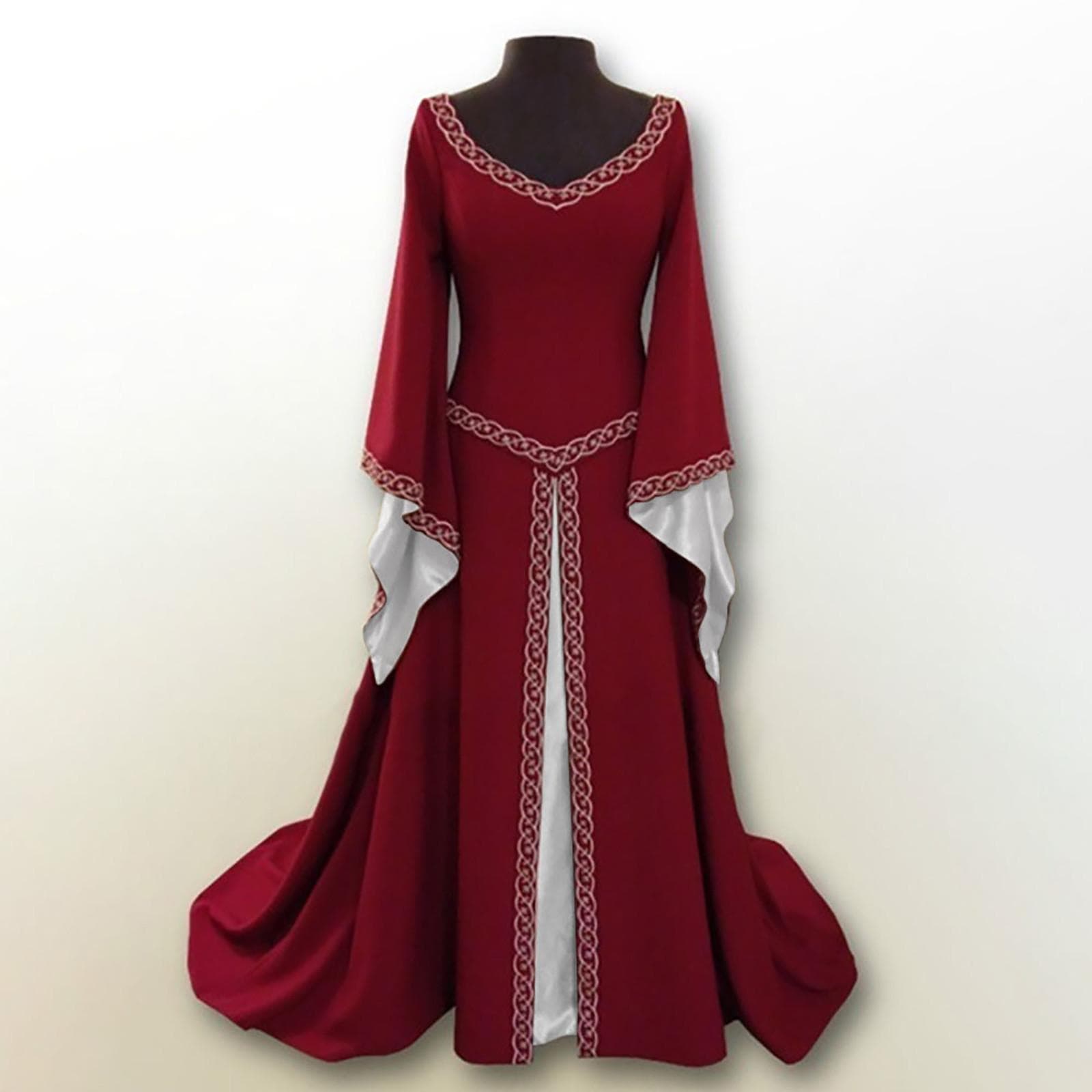 Vintage Gothic Dress Cosplay Costumes Autumn Winter Long Sleeve Medieval Witch Long Dress Halloween Costumes S red