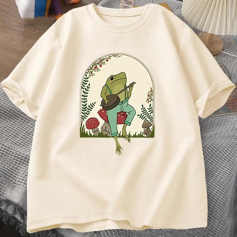 Aesthetic Frog Playing Banjo on Mushroom Cute 3d Print Mens T-shirts Summer Short Sleeve Tee Shirt Mens Clothes Loose Top XL