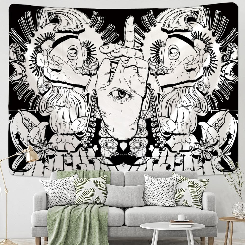 Psychedelic Black Cat Tapestry Wall Hanging Skull Death Hippie MOON WOLF Witchcraft Abstract Mystery TAPIZ Home Decor 95x70cm
