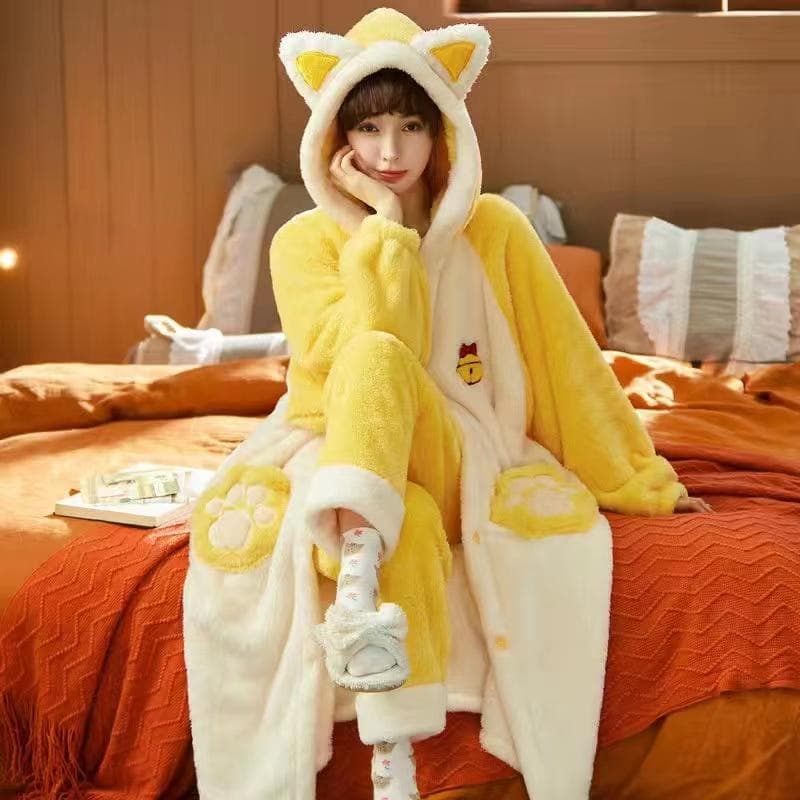 Coral Velvet Pajamas Set for Women Sweet and Cute Long Pajamas Set Winter Home Wear Hooded Pajamas Pajamas M