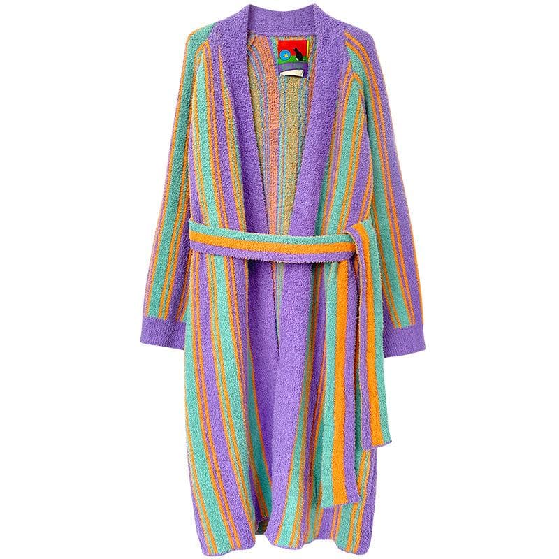 Sweet Lady Winter Long Thick Warm Flannel Striped Bathrobe Soft Velvet Bath Robe Hotel Spa Dressing Gown Women Cozy Sleepwear L purple