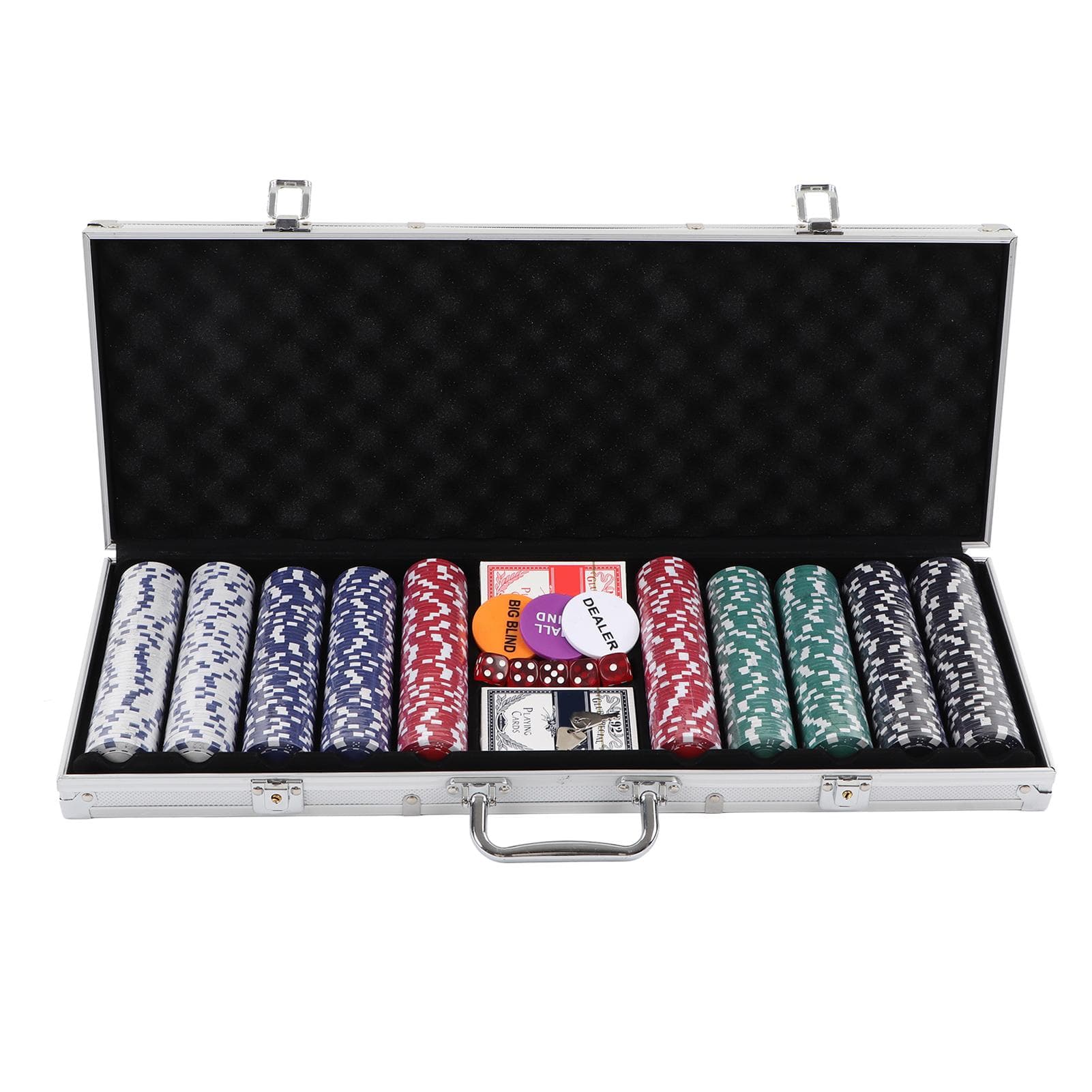 500Pcs Poker Chips 2 Set Play Cards 5 Dices Set with Carrying Case for Home Travel Camping Picnic