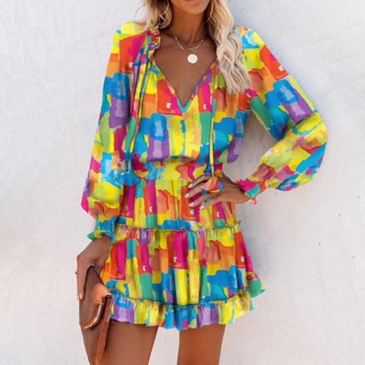 IHUASU Summer Color Contrast Long-sleeved V-neck Fashion Print Waist Dress XXL