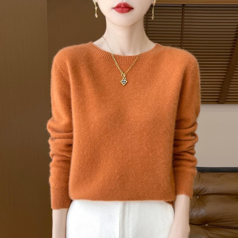 Women's 100% Pure Wool Loose Knitted Pullover Sweater for Autumn/Winter crew neck, XL pumpkin