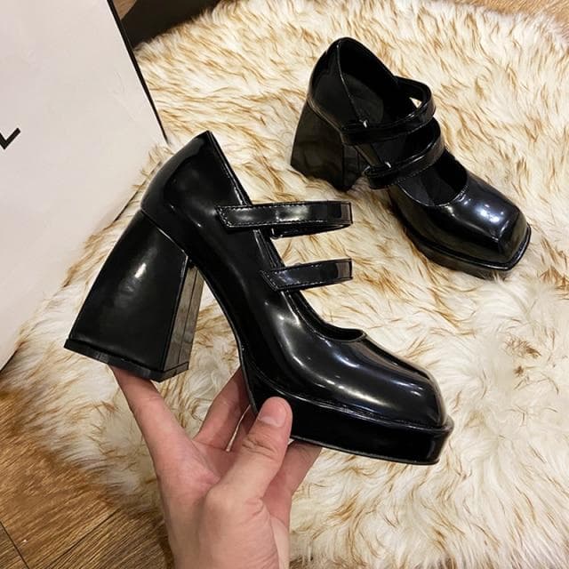 Termianoov Women Pumps High Heels Square Toe Chunky Heel Buckle Black White Mary Janes Street Shoes Platform Retro Plush Winter 35 black