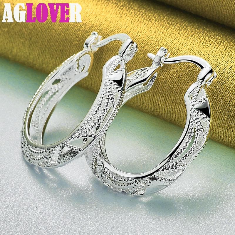 925 Sterling Silver Retro Hollow Flower 30mm Hoop Earring Jewelry