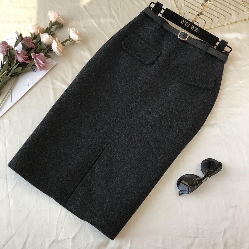 Woolen Skirt New Fashionable Slit Skirt Pear-shaped Mid-length Winter Thick Skirt M