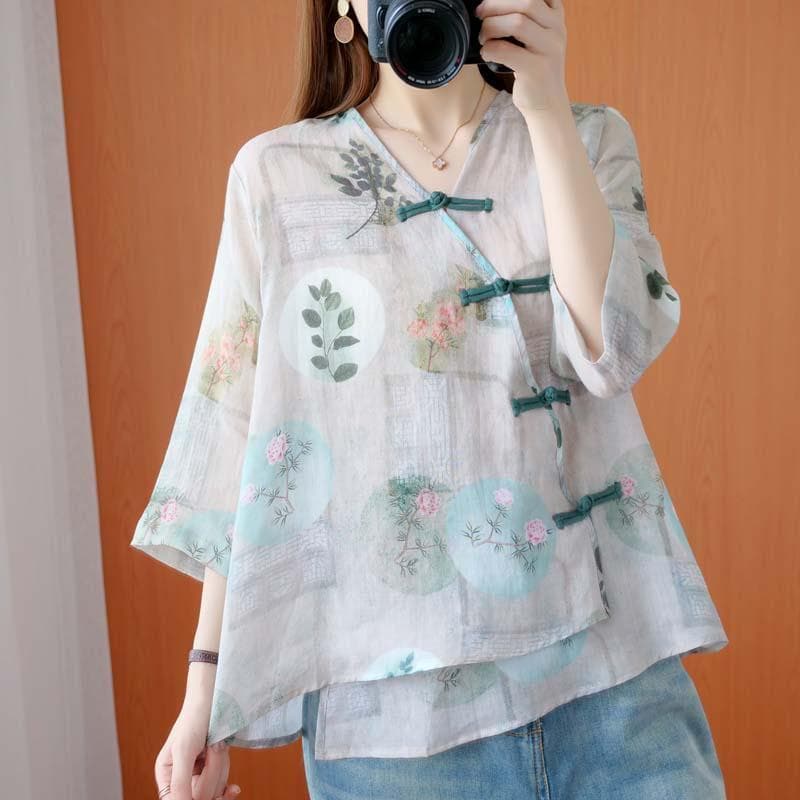 Vintage Loose Printed Blouse with Irregular Hem and V-neck for Plus Size L light grey