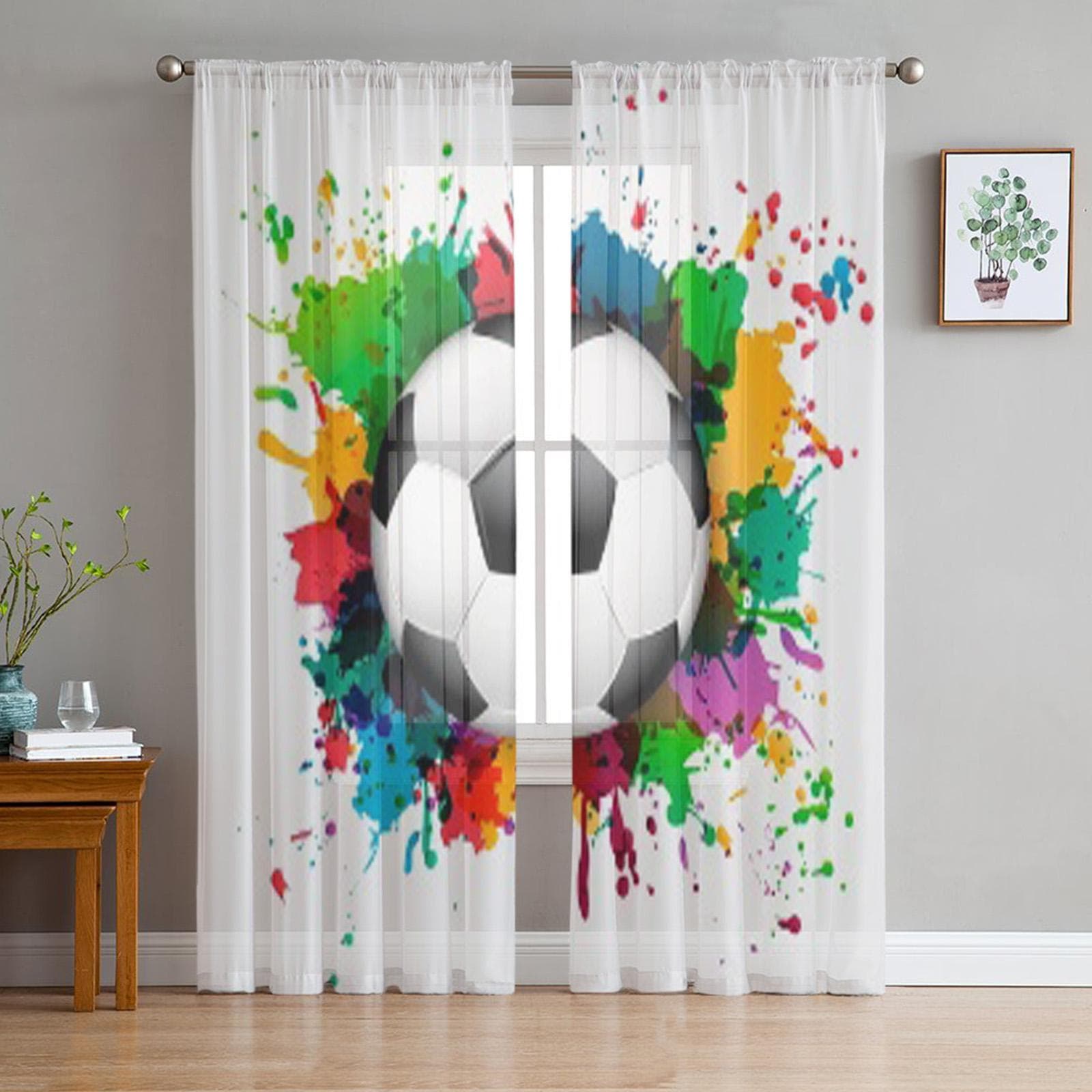 Soccer Ball With Colorful Spray Paint Template Chiffon Sheer Curtains for Living Room Bedroom Decor Window Voiles Tulle Curtain 135W x 114H(cm)