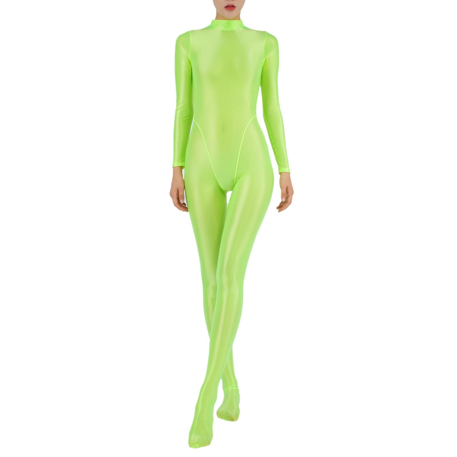Womens Full Body Jumpsuit Sports Gym Yoga Tights Bodysuit Mock Neck Long Sleeve Footed One Piece Jumpsuit Clubwear Sportwear 3XL green