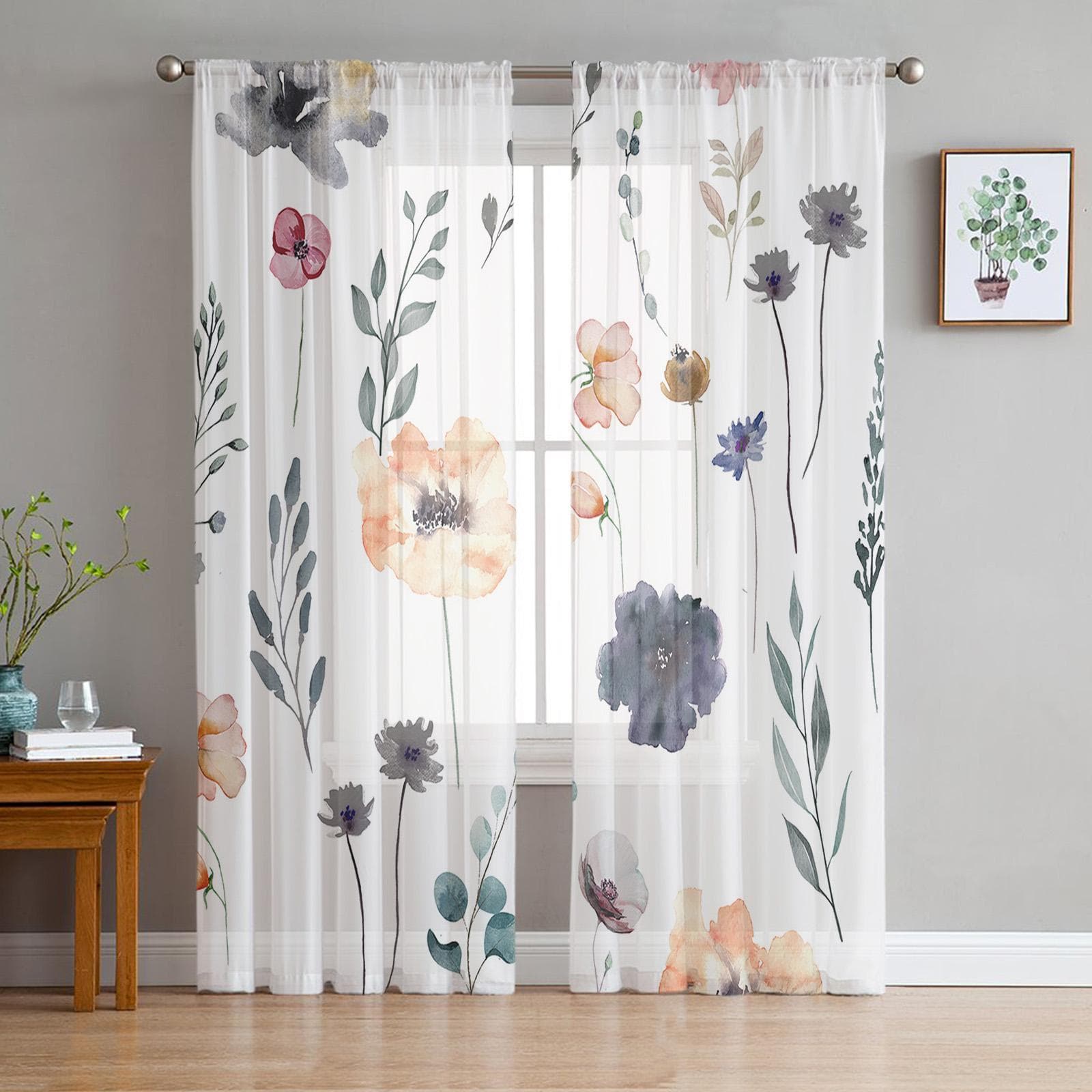 Watercolor Flower Plant Leaves Sheer Window Curtain Tulle Curtains for Livingroom Bedroom Hotel Home Decor Voile Drapes 135W x 114H(cm)
