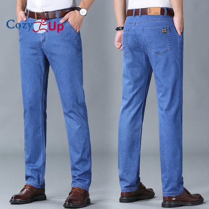 Cozy Up Thin Ice Silk Jeans for Men, Light Color Loose Elastic Casual Trousers 32 blue