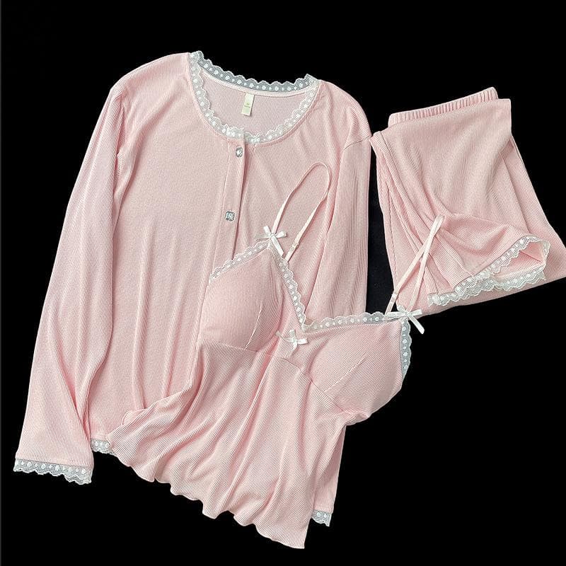 Modal 3Pcs Pajamas Set Sleepwear Female Sexy Cami&trousers Pijamas Suit Intimate Lingerie Loose Casual Home Clothes Lounge Wear XL pink