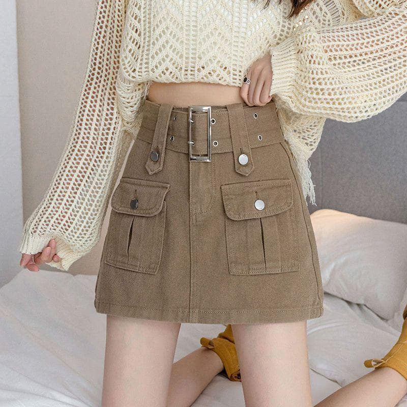 Workwear Denim Skirt Women's High-waist A-line Buttock Skirt XL khaki