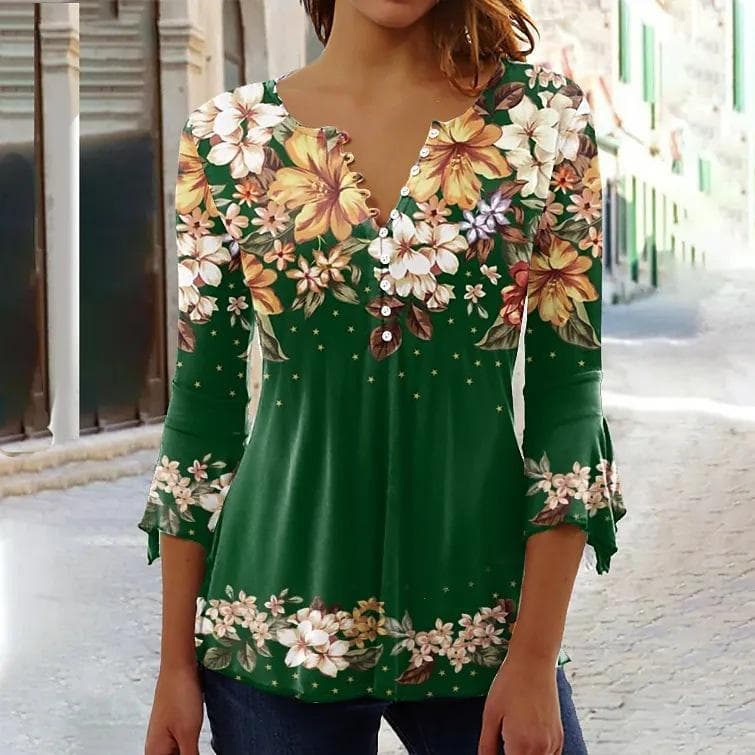 YYFS Women's Fashion Casual Summer Spring Flower Pattern Print 3/4 Sleeves V-Neck Blouses & Shirts XL green/yellow