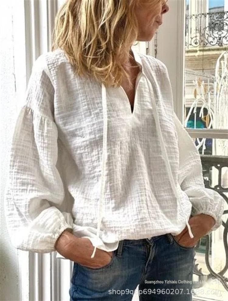 2024 Retro V-Neck Lantern Sleeve Cotton-Linen Shirt 3XL white