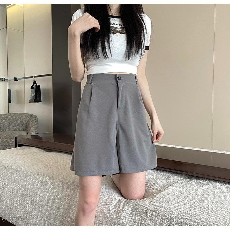Spring and Summer 5-point Pants Simple Casual Suit Shorts Women's Korean Style Loose Casual High-waist Wide-leg Pants 4XL grey