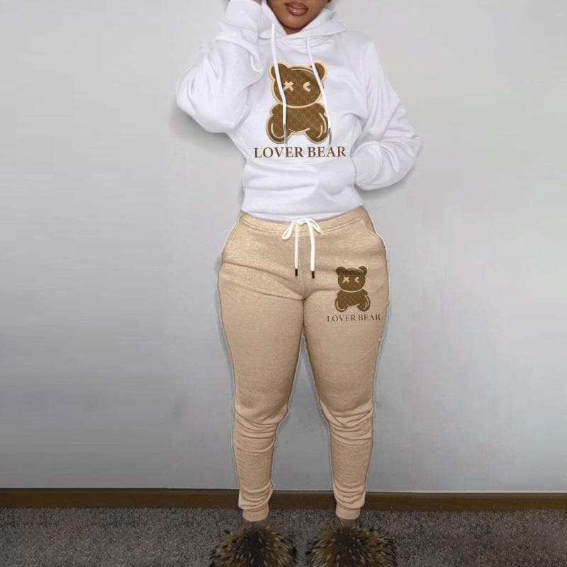 New Ladies Sweater European and American Fleece Sports Suit Bear Print Two-piece Set XXXL