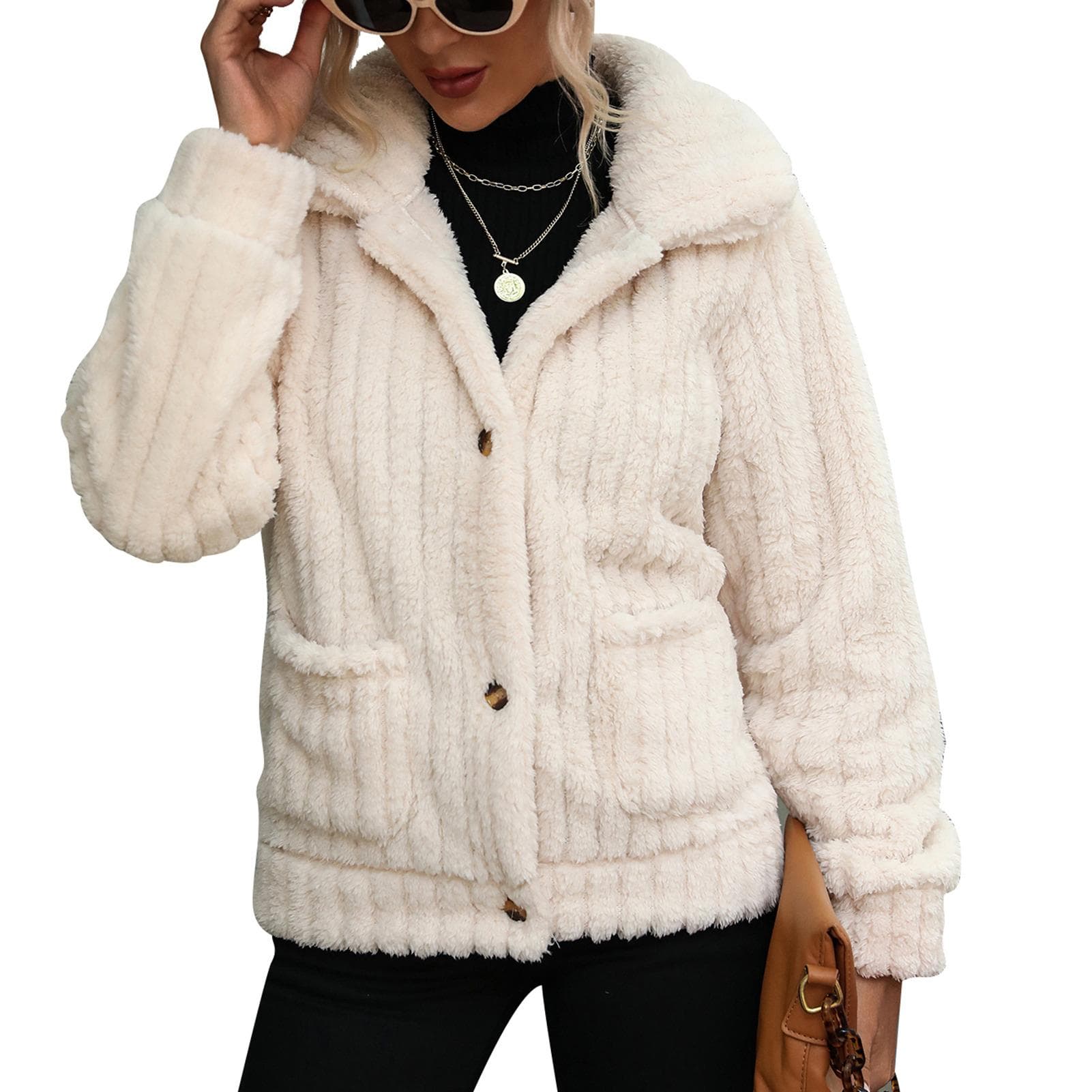Women Winter Fleece Coat Long Sleeve Lapel Button Striped Iron Free Warm Jacket with Pockets for L white
