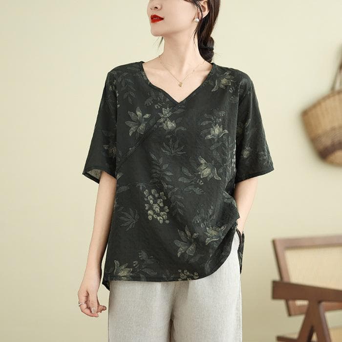 Cotton and Linen New Chinese Large-size Women's Summer Thin Retro Ethnic Style Versatile Loose V-neck Short-sleeved T-shirt for Women 3XL