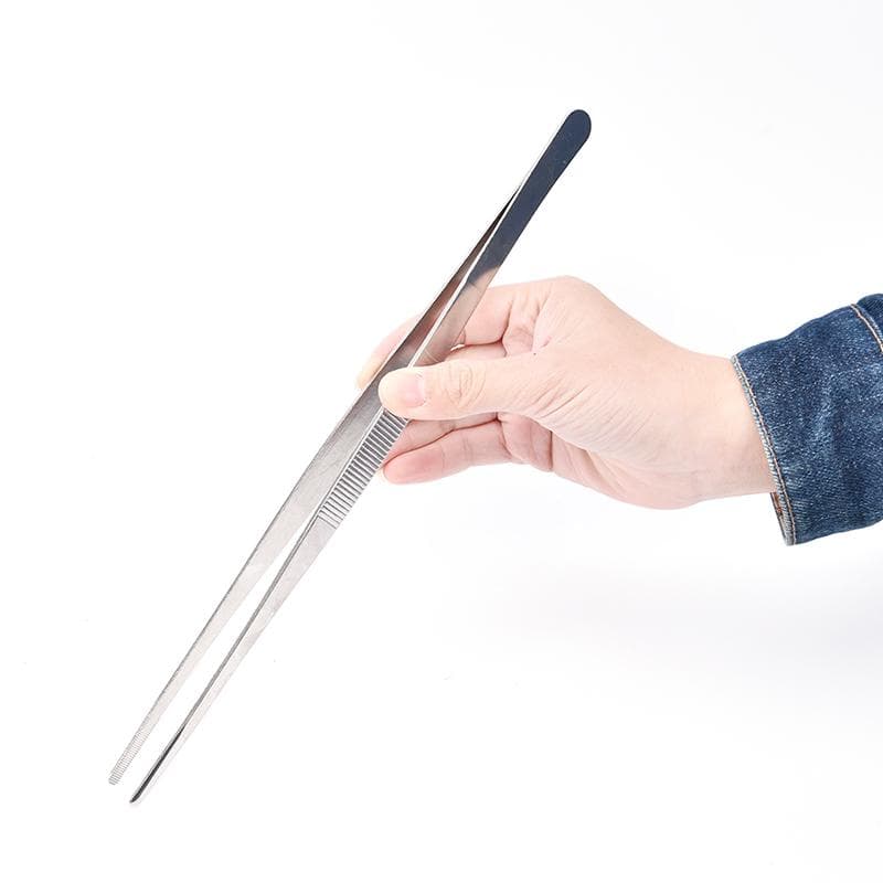 1Pc Portable Long Food Tongs Straight Tweezers Kitchen Tool General Silver Stainless Steel 25cm silver