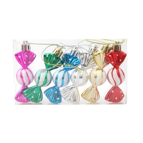 6Pcs/Box Christmas Hanging Candy Ornament with Lanyard Unbreakable Reusable Electroplating Holiday Decoration Xmas Tree Small Sweet Pendant A multicolour