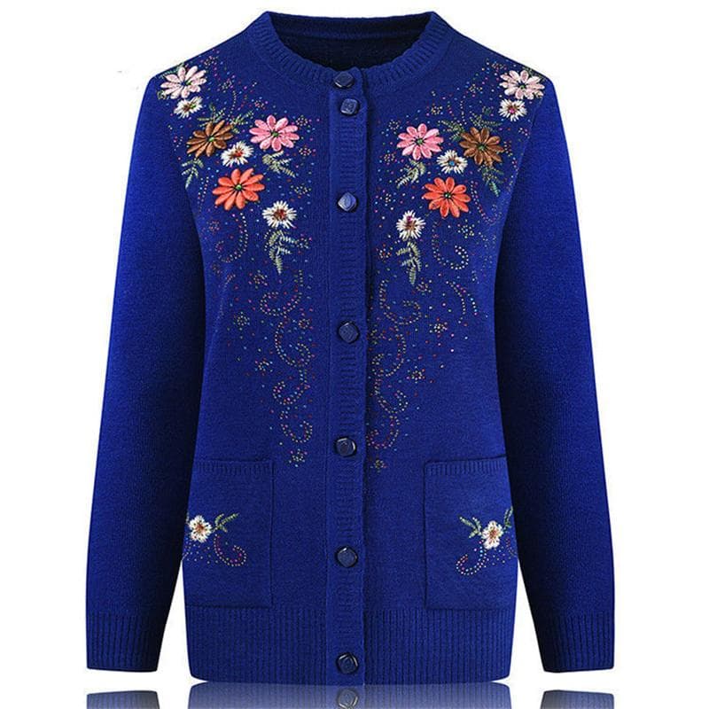 Women's Single-breasted Slim Sweater Coat Middle-aged and Elderly Embroidery Knit Cardigan Jacket L