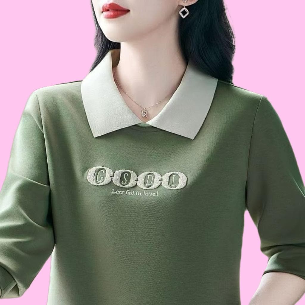 New Lapel Long Sleeve Embroidered POLO Collar Middle-aged Mother Fashionable Casual Age-reducing Versatile Base Top Autumn 2XL