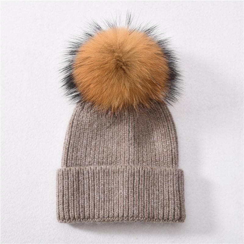 Jaxmonoy Cashmere Knitted Beanie Hat Big Real Raccon Fur Pom Pom Top Beanie High Quality Warm Bonnet Cap Female Hats for Woman