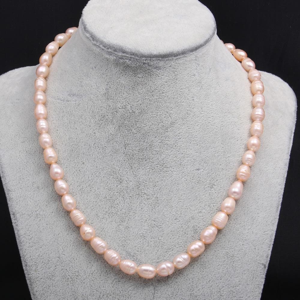 Women pearl necklace natural freshwater pearl rice-shaped beads for birthday gift chain 45 cm 8-9mm pink
