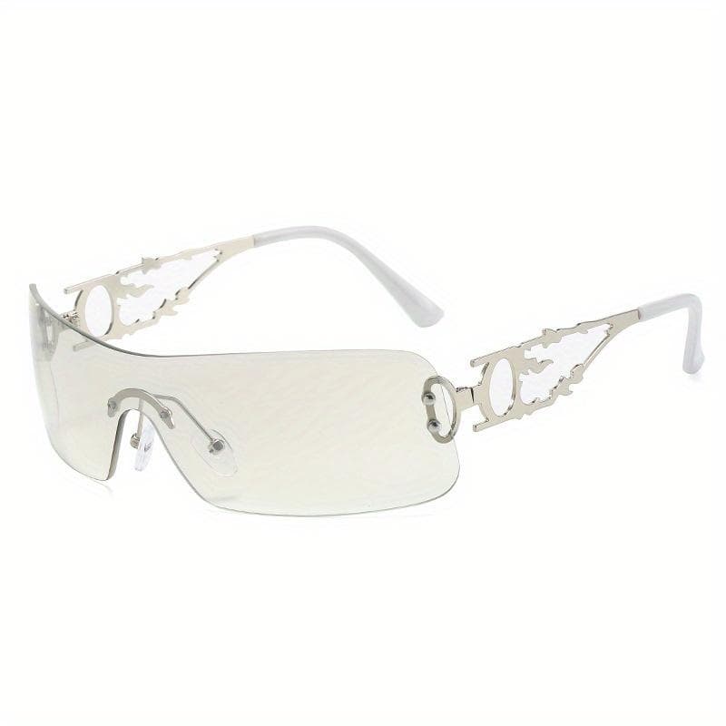 Y2K Wrap Around Rimless Sunglasses for Women Men Hollow Temple Hip Hop Outdoor Eyewear Fashion One-piece