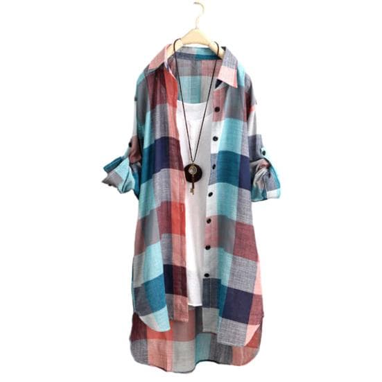 Women Shirt Plaid Print Contrast Color Irregular Hem Single-breasted Long Sleeve Lapel Oversized Soft Breathable Top L multicolour