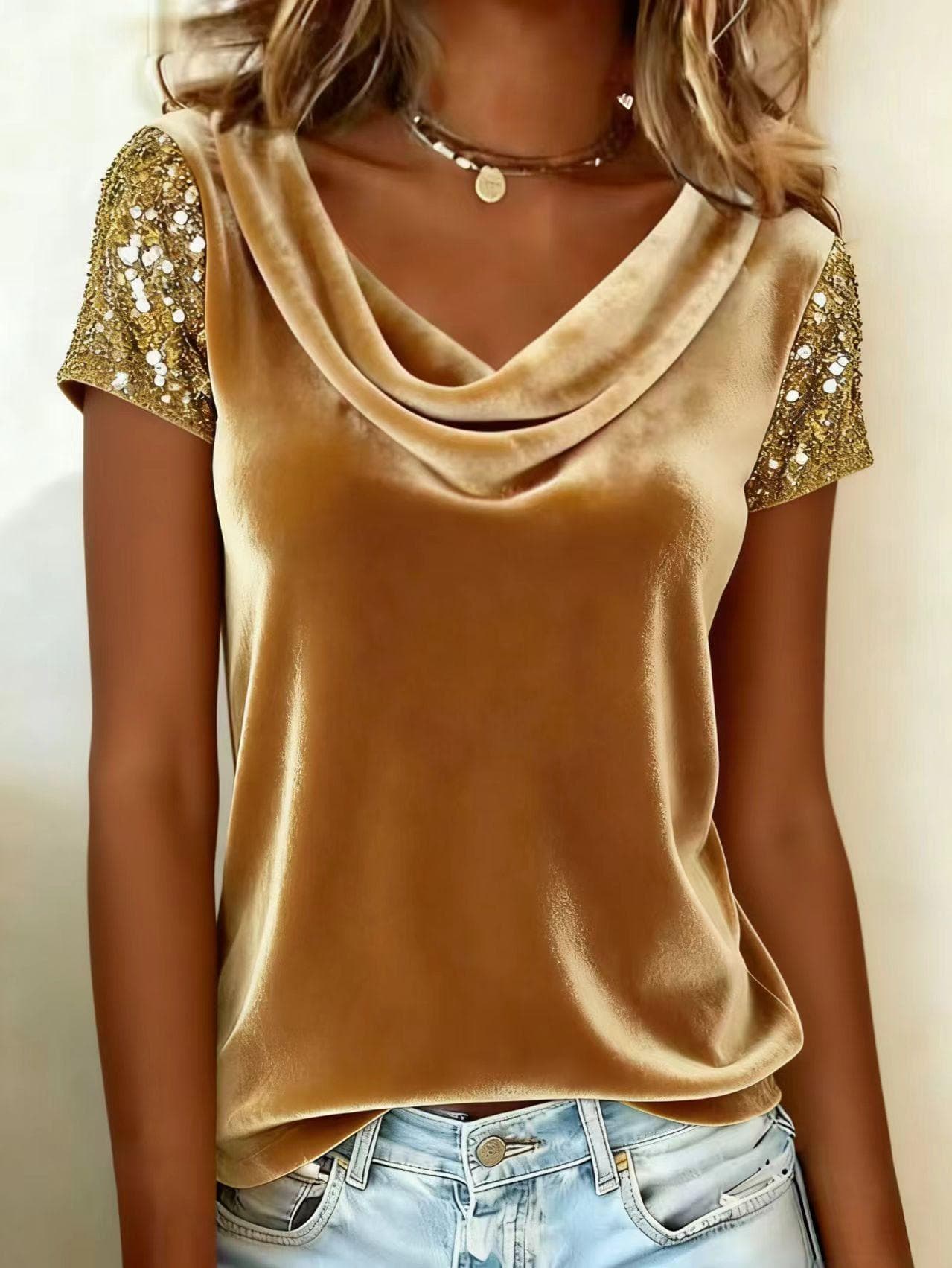2026 European & American Velvet High-Neck Sequin Patchwork Short-Sleeve Women's Fashion Top XXL gold